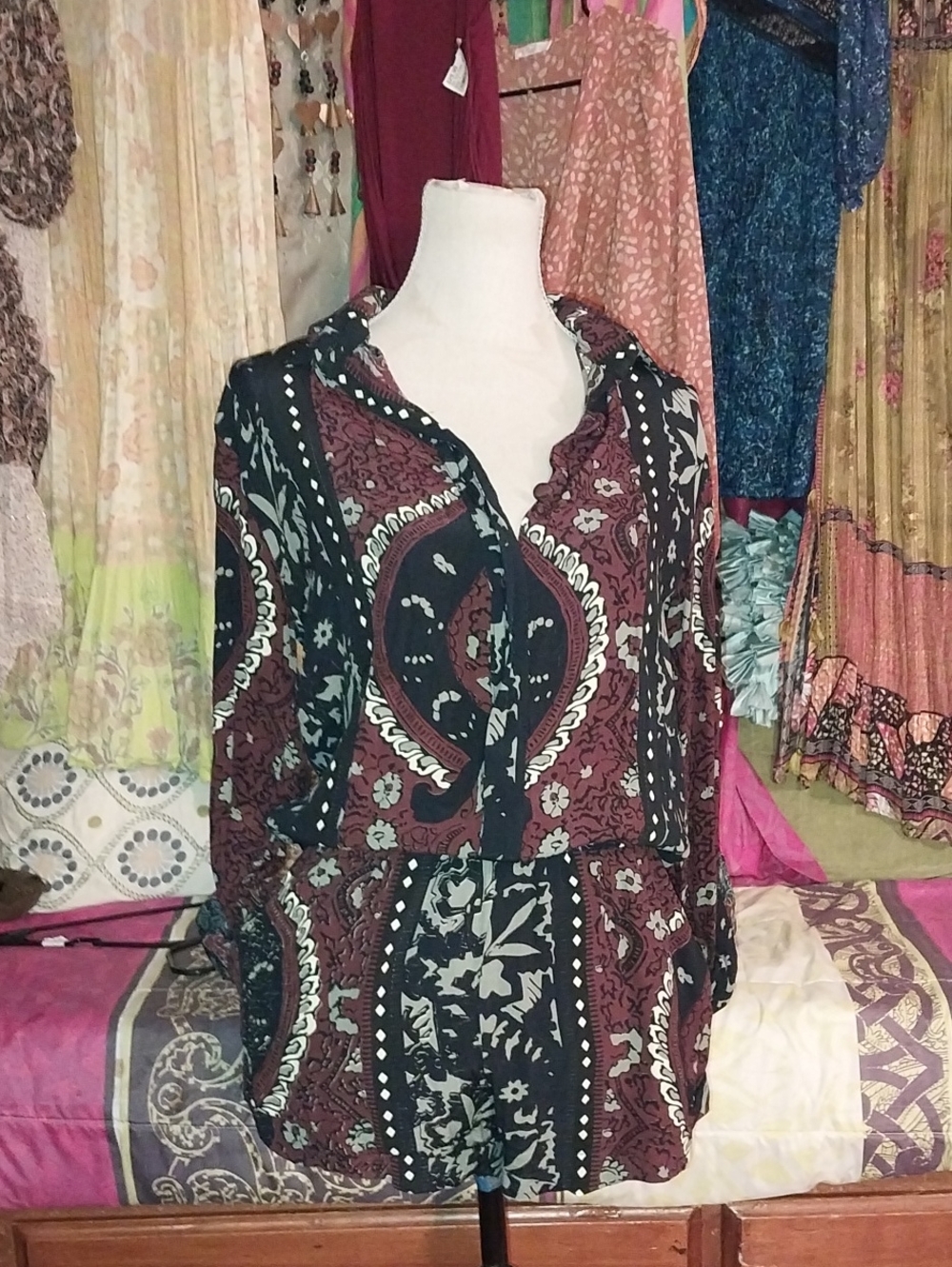 Cleobella Burgundy and Black Sheer Long-Sleeve Romper